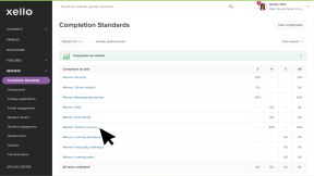 Educator account in Xello. The Completion Standards report page is open. There is a list of tasks and the cursor is clicking Mission: Tools for Success
